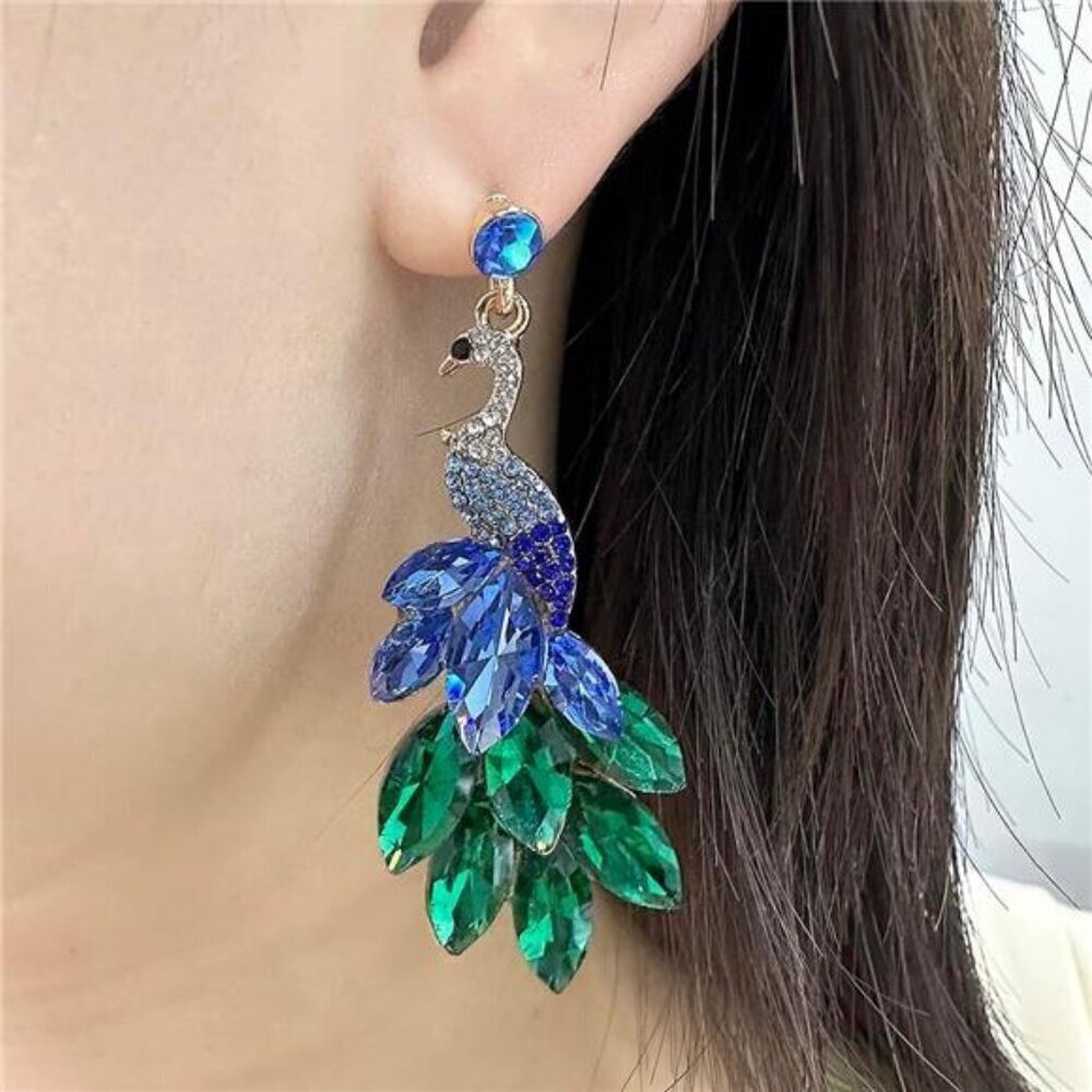 Peacock Dangle Earrings 14K Gold Plated Multicolors Crystal Feather